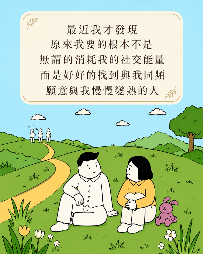 我想要的根本不是無謂的消耗社交能量，而是好好的找到與我同頻願意與我慢慢變熟的人